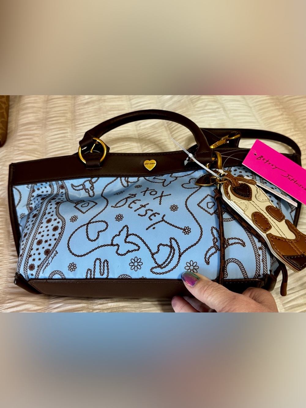 Betsey Johnson Light Blue Western Signature Print Handbag with Brown Trim